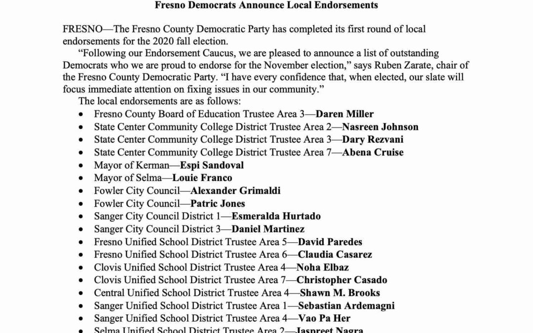 Fresno County Democratic Party Announce Local Endorsements