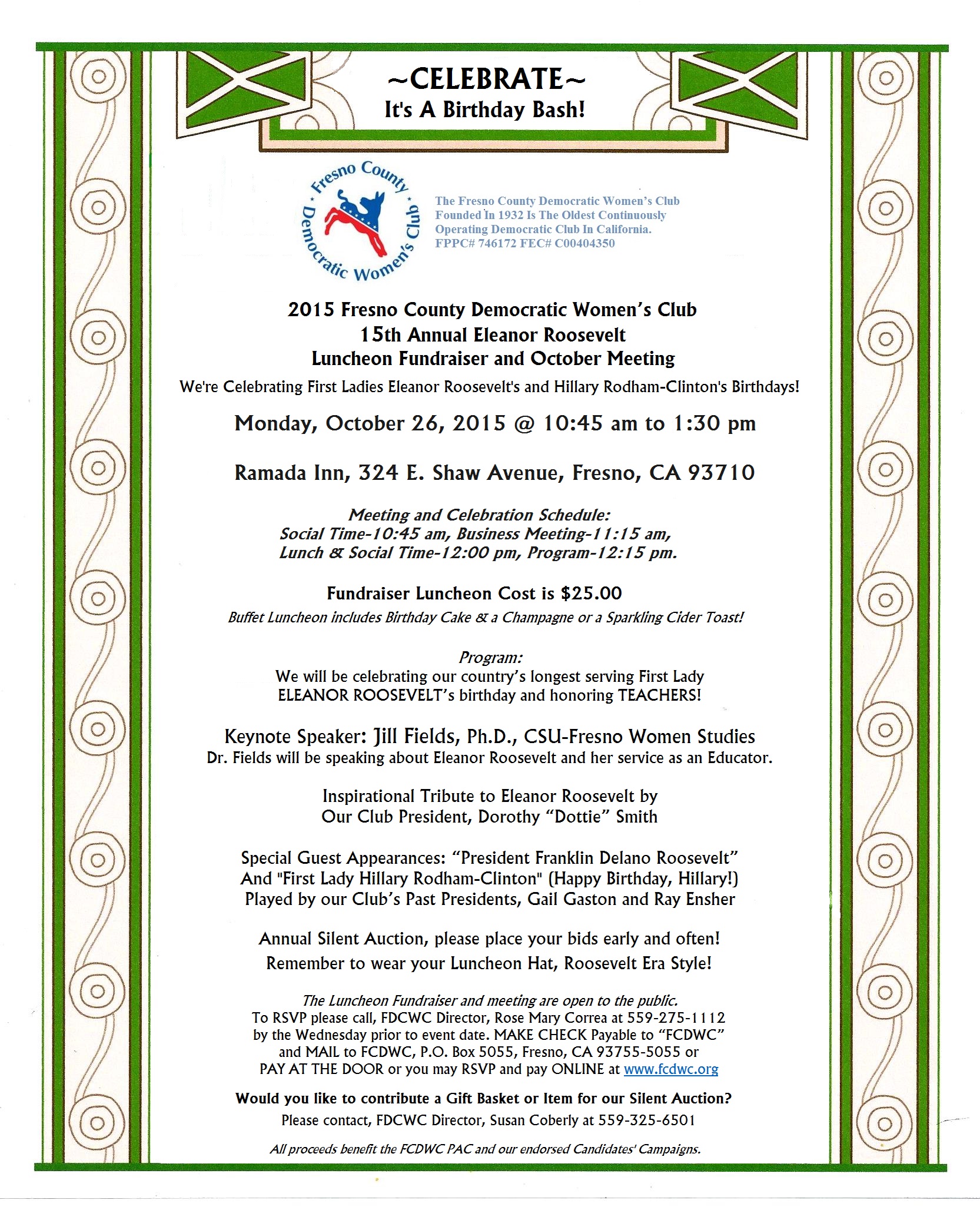 15th Annual Fresno County Democratic Women’s Club Eleanor Roosevelt Luncheon Monday, Oct. 26