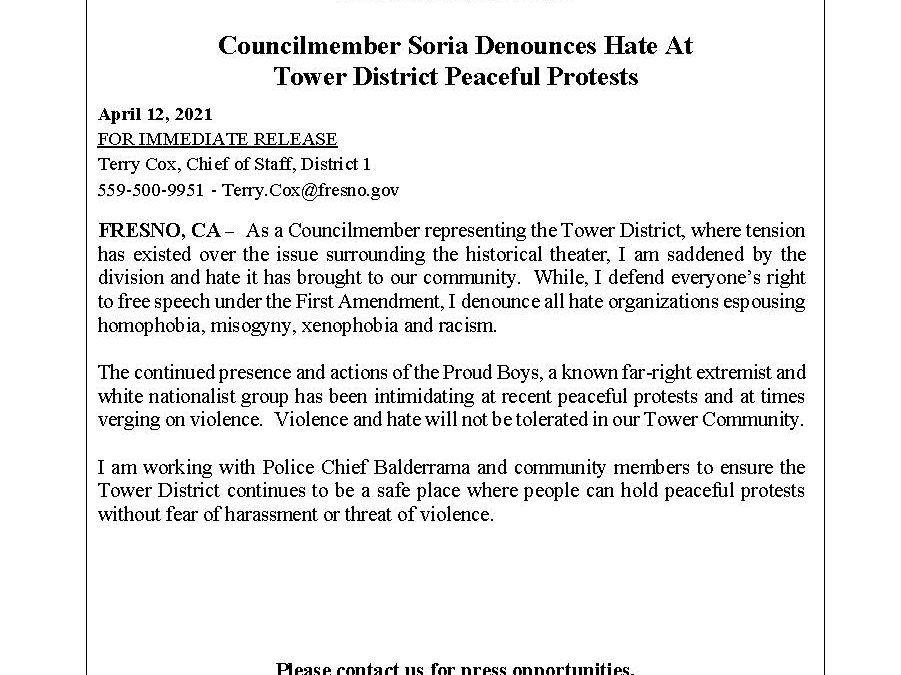 Councilmember Soria Denounces Hate at Tower District Peaceful Protests!