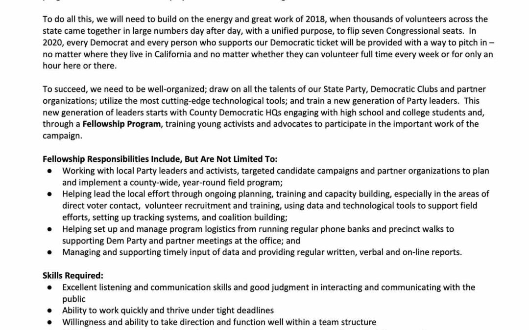 FELLOWSHIP POSITION – California Democratic Party – 2020 Coordinated Campaign