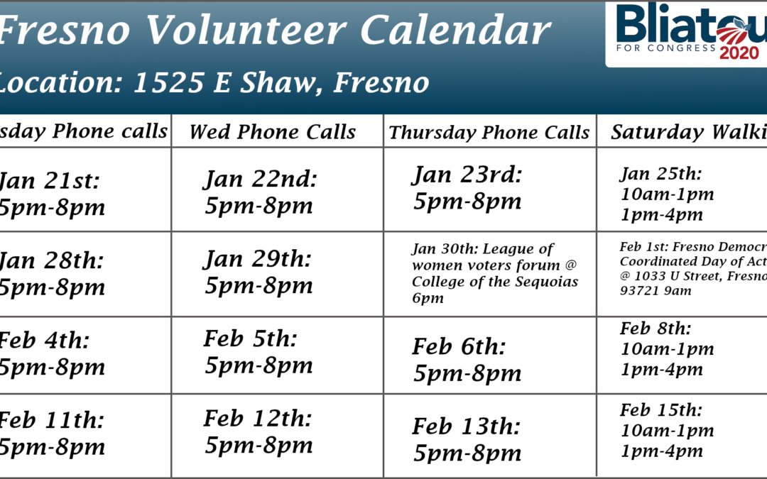 Bobby Bliatout’s volunteer calendar