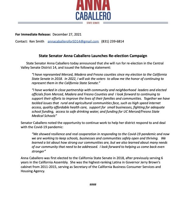 State Senator Anna Caballero Announces Her Run For Re-Election in the Central Valley Senate District 14
