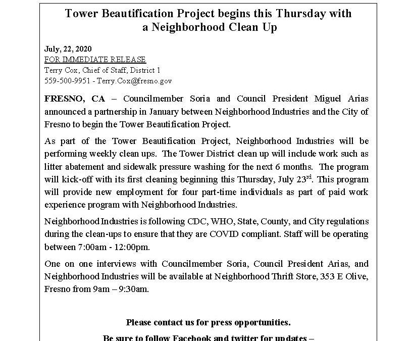 Tower Beautification Project begins this Thursday with a Neighborhood Clean Up