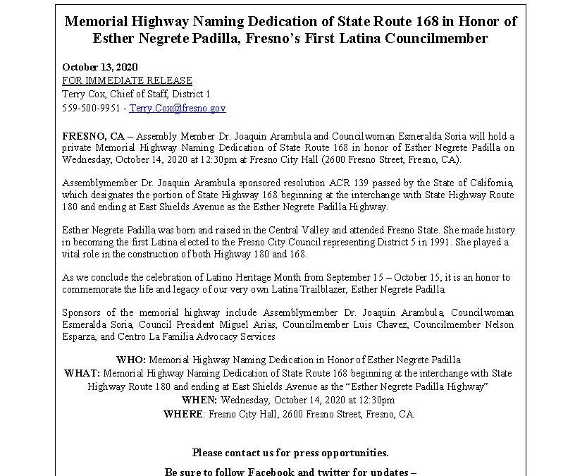 Memorial Highway Dedication of State Route 168 in honor of Esther Negrete Padilla, Fresno’s First Latina Councilmember!