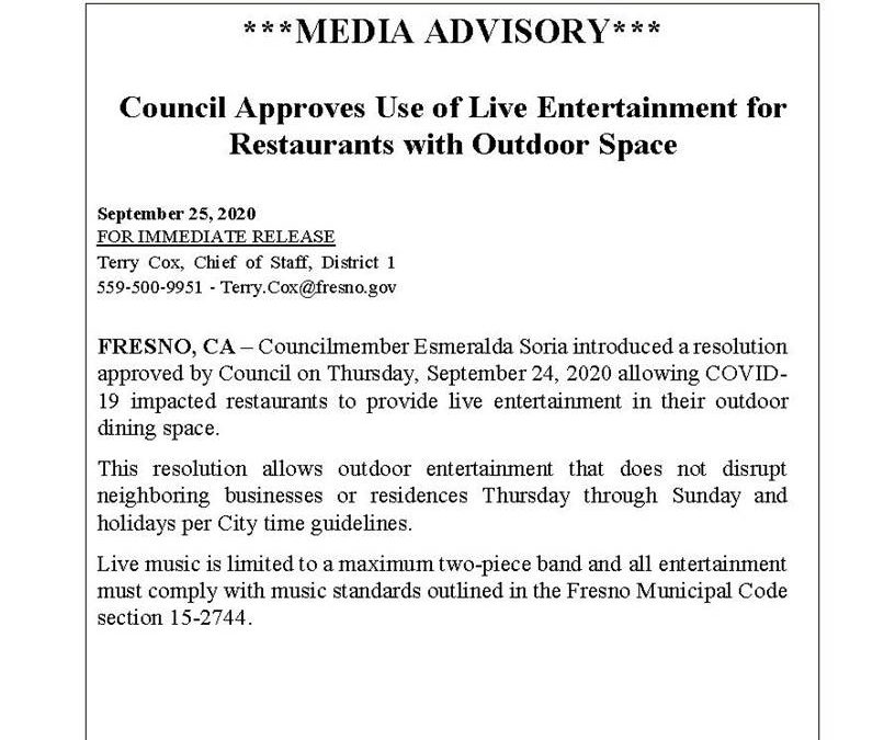 Fresno Council Approves Use of Live Entertainment for Restaurants with Outdoor Space