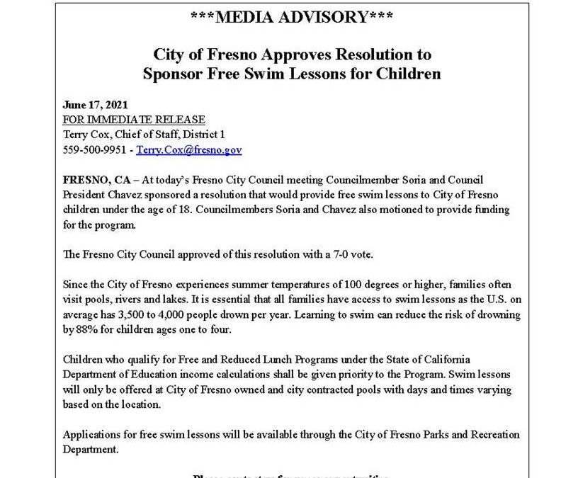 City of Fresno Approves Resolution to Sponsor Free Swim Lessons for Children!